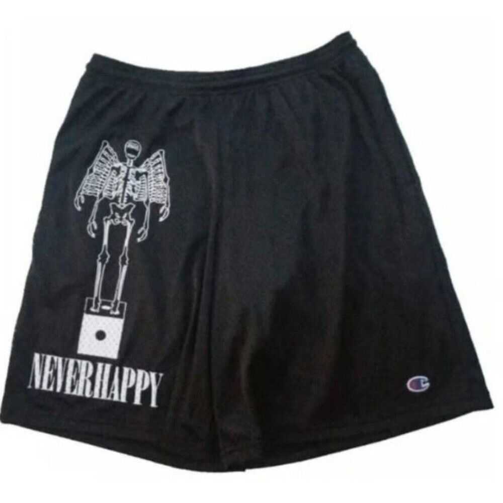 Neverhappy die shorts size large l black mesh screen print graphic